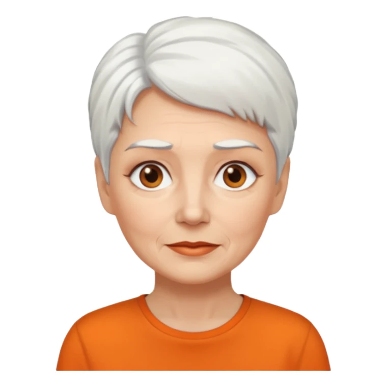 older white haired woman with orange shirt short white hair make eyebrows brown sticker