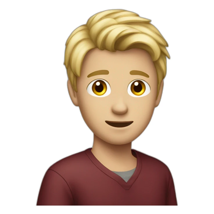 dirty blond teenage boy with maroon shirt sticker
