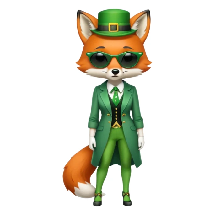 serious anthropomorphised female fox in stylish St. Patrick's Day outfit with sunglasses, looking sad and alone, full-body view sticker