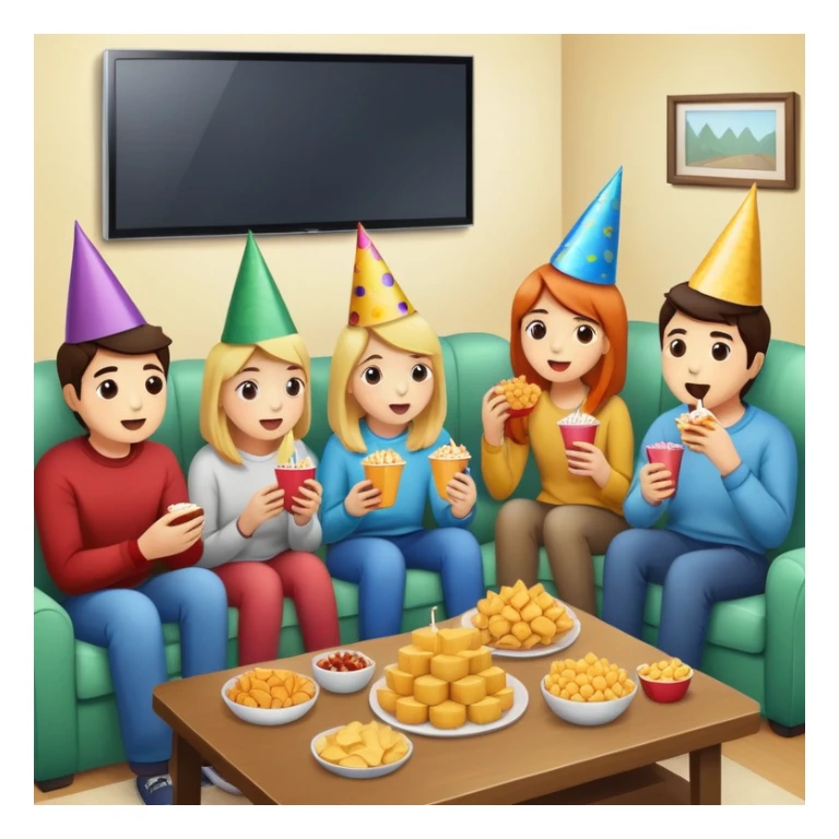 group of friends watching TV with snacks, party scene sticker