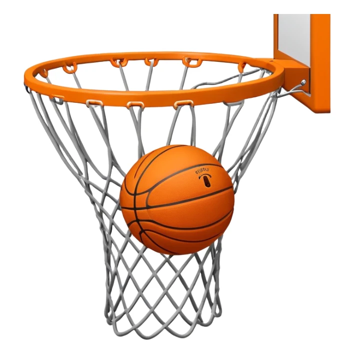 Orange Spalding basketball inside basketball net, viewed from below the hoop, minimalist design, iOS emoji style sticker