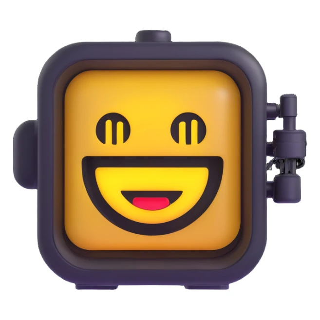 classic bank emoji with robotic features, LED lights, metallic surfaces, digital display sign sticker