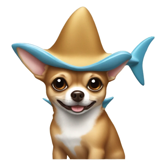 Gold-brown, fuzzy Chihuahua with an shark hat sticker