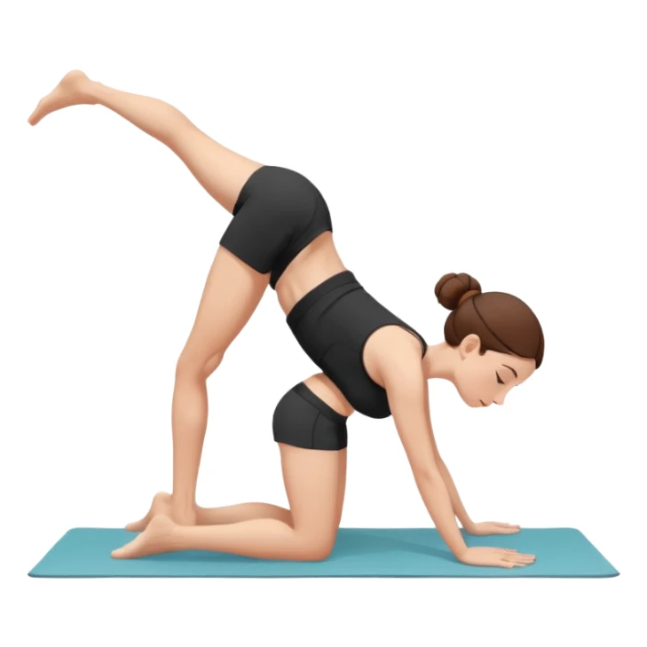 "Minimalist flat vector illustration of a woman doing yoga in forward fold pose (Uttanasana), wearing sportswear (white top and black shorts), brown hair in a bun, clean white background, no face details, elegant style" sticker