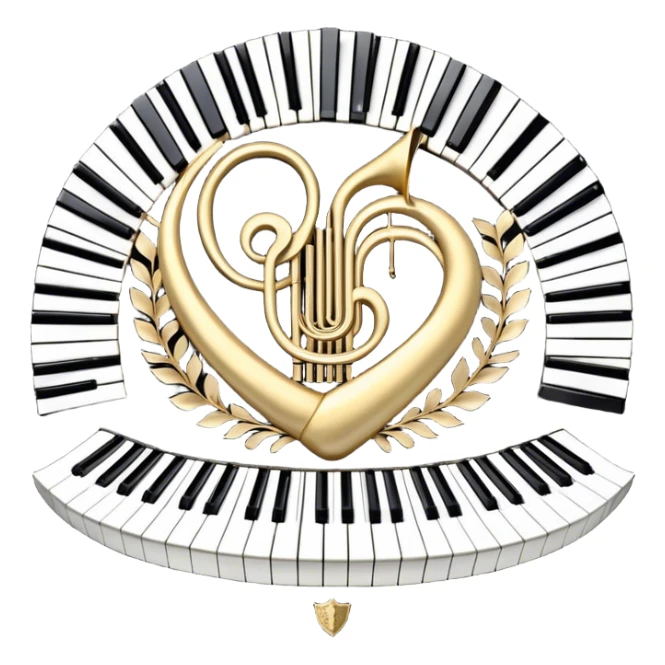 Create an elegant and festive emoji collage representing keyboard instruments, styled like a heraldic emblem. The design should feature a central focal point of black and white piano keys, arranged in a semi-circular or shield-like shape. Around the piano keys, add intertwining musical notes that form flowing ribbons, creating a dynamic and celebratory atmosphere. The design should be professional, with polished silver and gold accents on the keys and notes, highlighting the luxury and sophistication of the instruments. Add subtle shading and lighting effects to give the design a refined, 3D appearance. The background should remain transparent, and the overall feel should evoke grandeur, artistry, and a sense of celebration. sticker