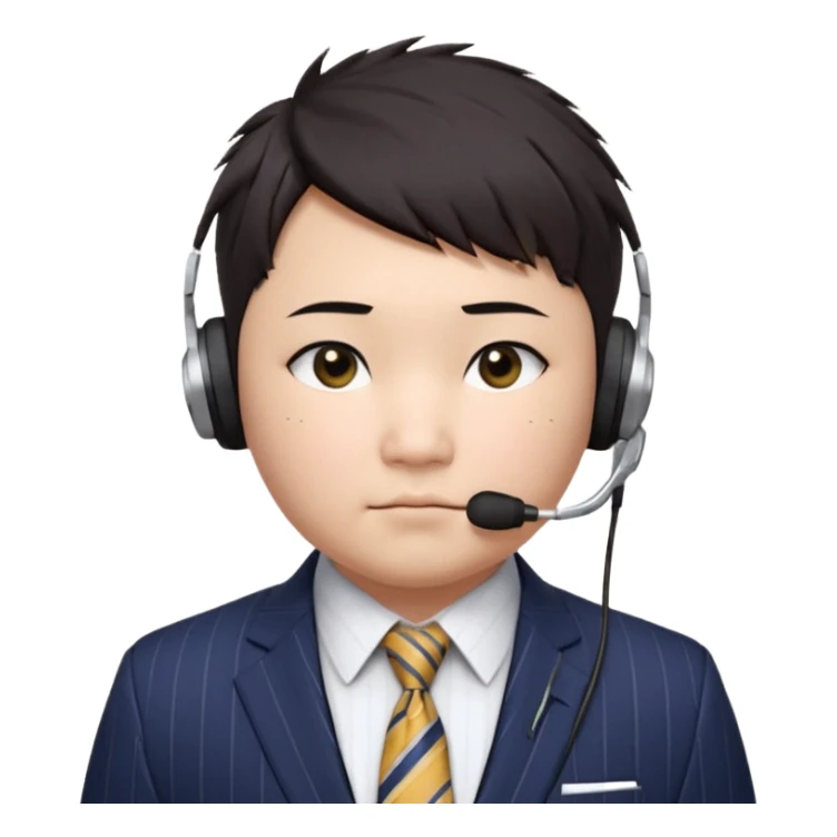 full kind of chubby face, very asian, short dark hair styled upward with a spiked swoop in front, a clean-shaven face, focused eyes, and a slim headset over one ear, wearing a dark pinstripe suit with a patterned dress shirt and a bright solid-colored tie visible from the chest up. sticker