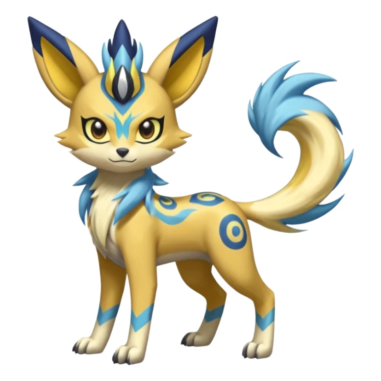 Feral Lightning-patterned Zig-zagged buzzy fuzzy Meloetta-Renamon-Zeraora-Luxray-Cobalion-Suicune-Vernid-fusion-hybrid-creature, full body  sticker