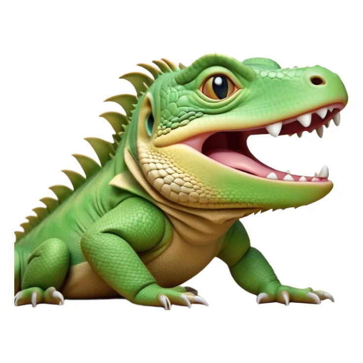 Cinematic Realistic Cute Yawning Iguana Portrait Emoji, Head tilted slightly with a dramatic, wide-open yawn, showcasing a soft, textured green-scaled face with gently drooping features and half-closed, drowsy amber eyes, rendered with natural detail and subtle shadows, high shine, relaxed yet expressive, styled with a dash of tropical charm, soft glowing outline, capturing the essence of a sleepy yet affectionate iguana that appears ready to stretch out and enjoy a peaceful nap! sticker