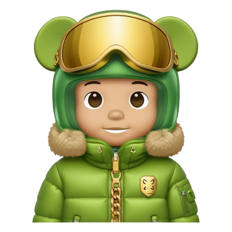 bearbrick with lime balaclava and logo tags, wearing large mirrored monolens ski visor shield covering entire upper face like sports goggles, puffy jacket with fur trim, gold chains sticker