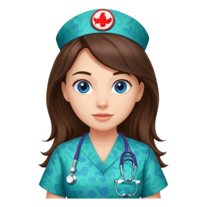 pretty brunette nurse with long hair and blue eyes in dinosaur pattern scrubs sticker