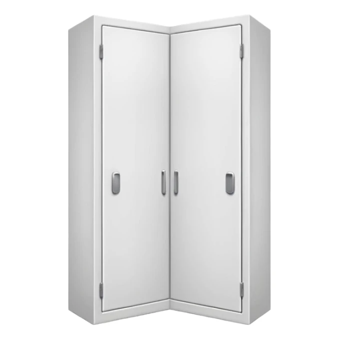 Simple L-shaped corner closet made of smooth white PVC, emoji-style. Two plain doors, one on each side, opening outward like a book from the corner.  sticker