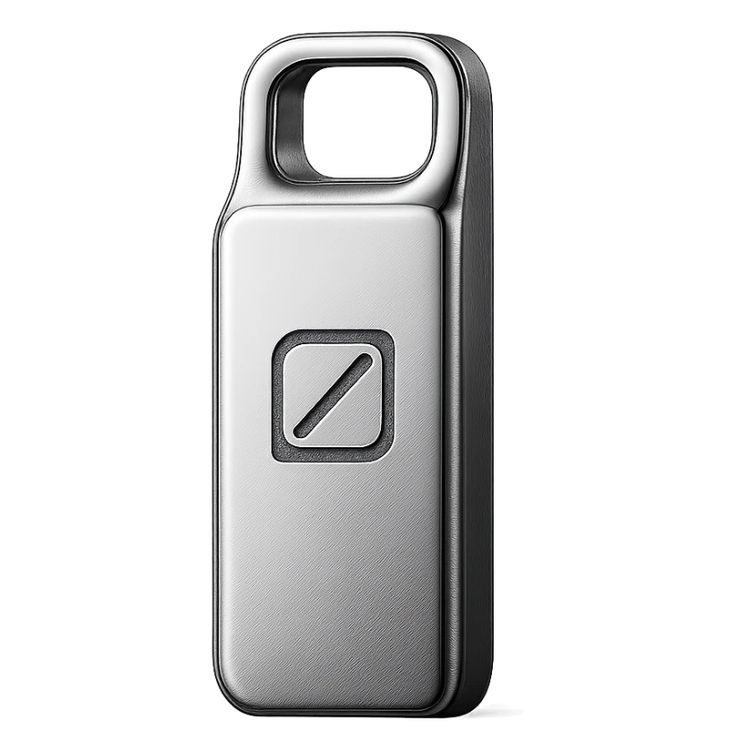 minimalist logo on a sleek metallic USB drive, modern branding gadget sticker