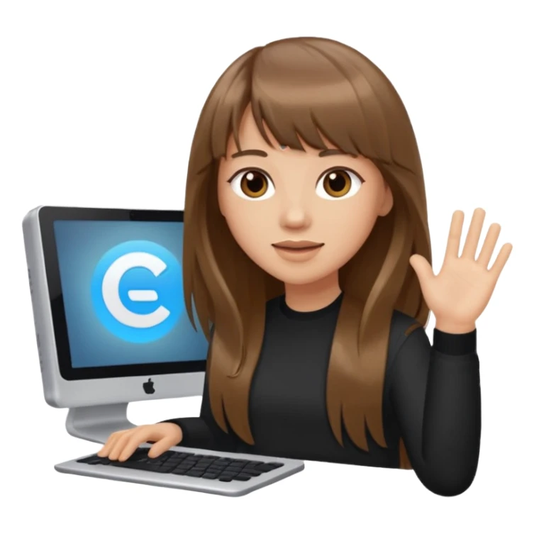 a designer with light skin long brown hair bangs waving with computer, no glasses sticker