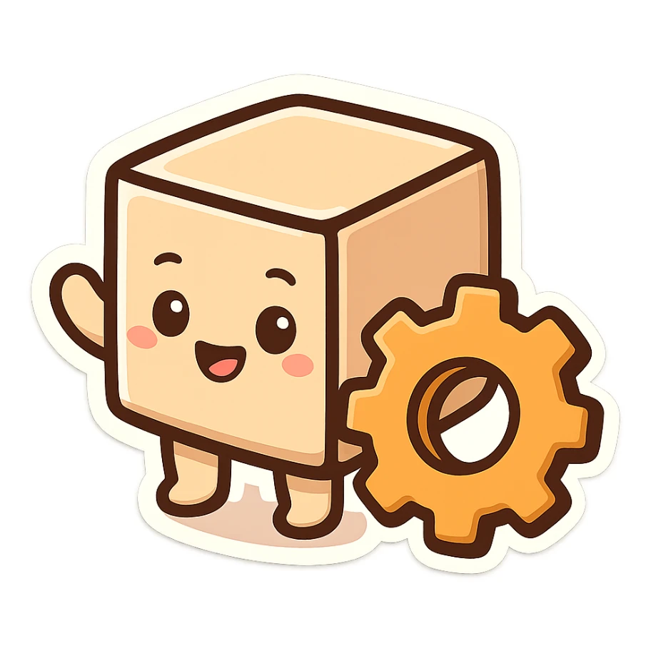 friendly cartoon chibi sticker style cube with gear, theme of modifications, transparent background sticker