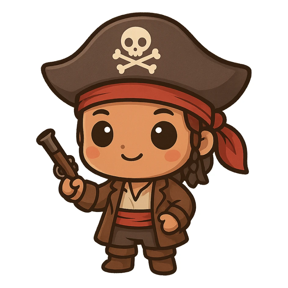 cute chibi style Caribbean pirate with round face, big eyes, wearing small pirate outfit sticker