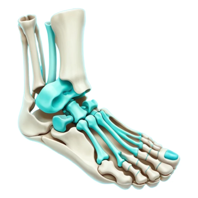 3D render of Foot Bones, X-Ray imaging aesthetic, translucent materials showing internal structure, top-down view of foot bones in cyan glow, medical scan style, emoji style, isolated on white background --v 6.0. sticker