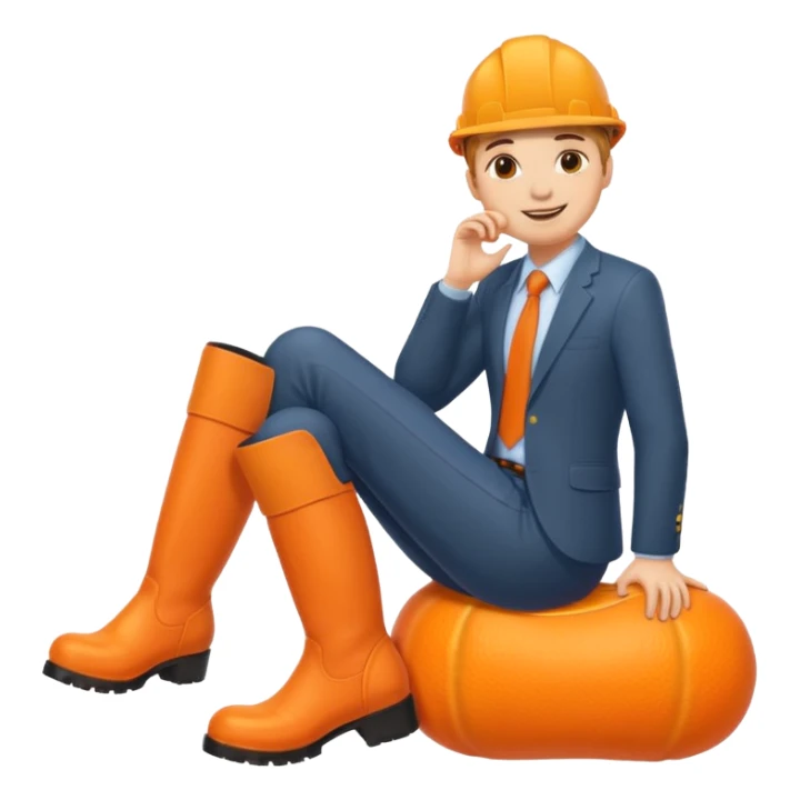 Office worker kneeling and kissing a large orange boot sticker
