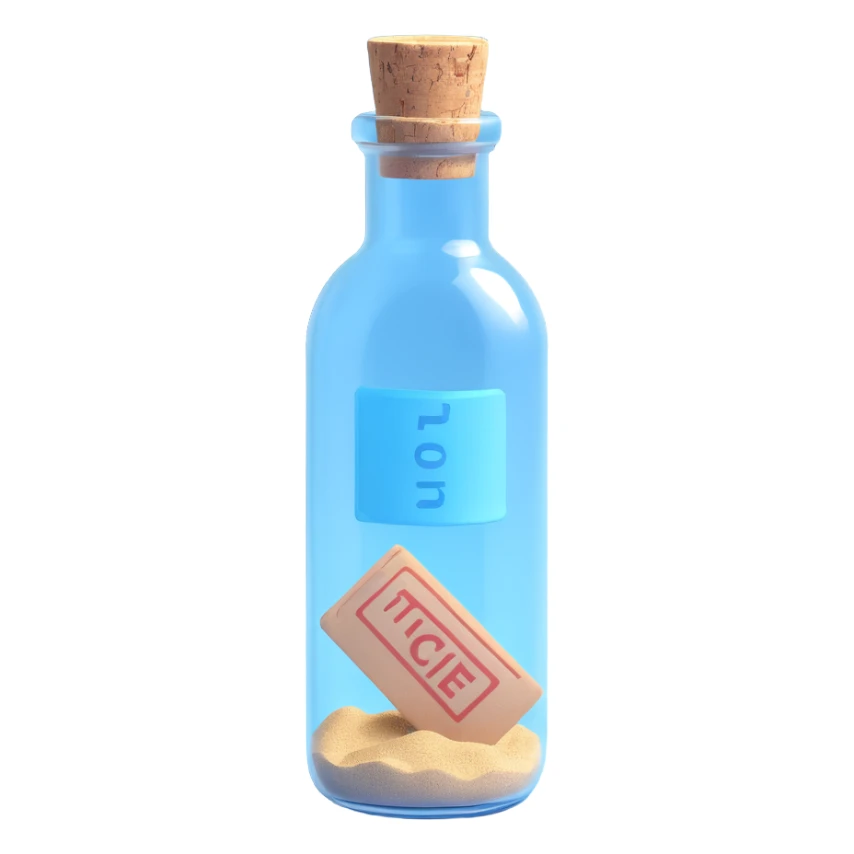 blue ticket rolled up inside a transparent bottle with cork on sand sticker