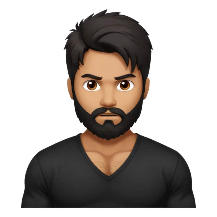 generate a pretty bratz Shahid kapoor with heavy beard and looking angry.
Make him wear a black full sleeve v neck tshirt. muscular but still lean
He shoudl look exactly like Shahid kapoor. Long messy black hair sticker