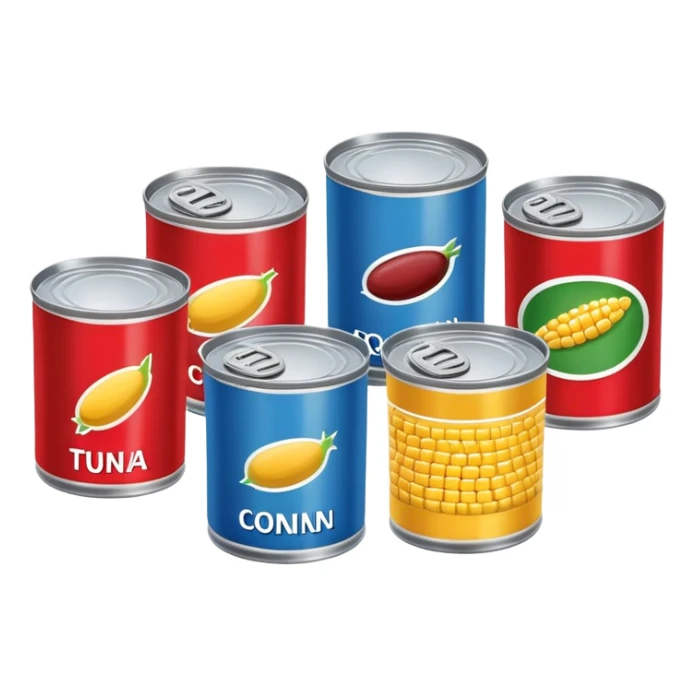 Four different canned food items in a row, soup can, beans can, corn can, tuna can sticker