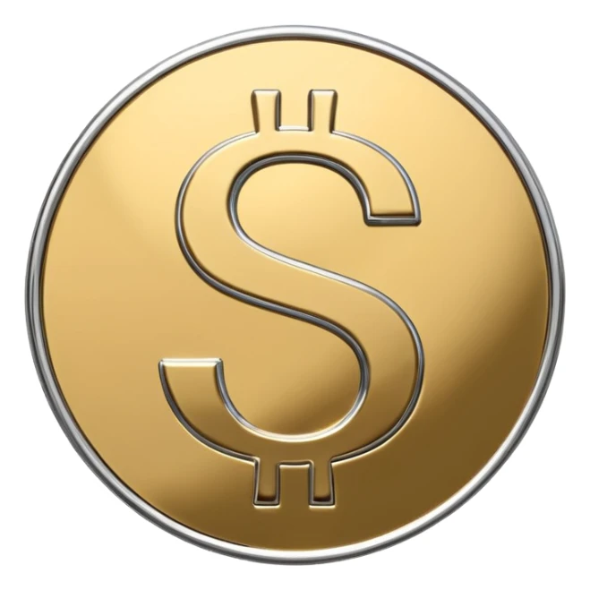 A double dollar sign emoji made of polished silver chrome, smooth metallic surface, glossy reflections, luxury swag vibe, minimal iOS emoji style, centered on white background sticker
