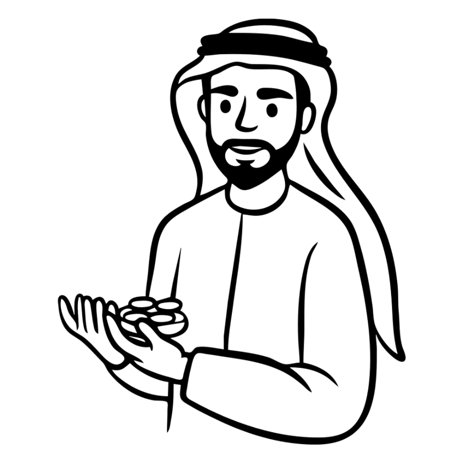 Arab man in traditional attire holding medicine pills sticker