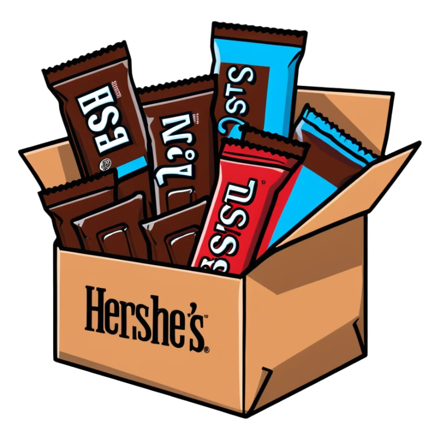 cardboard box full of wrapped Hershey's chocolate bars sticker