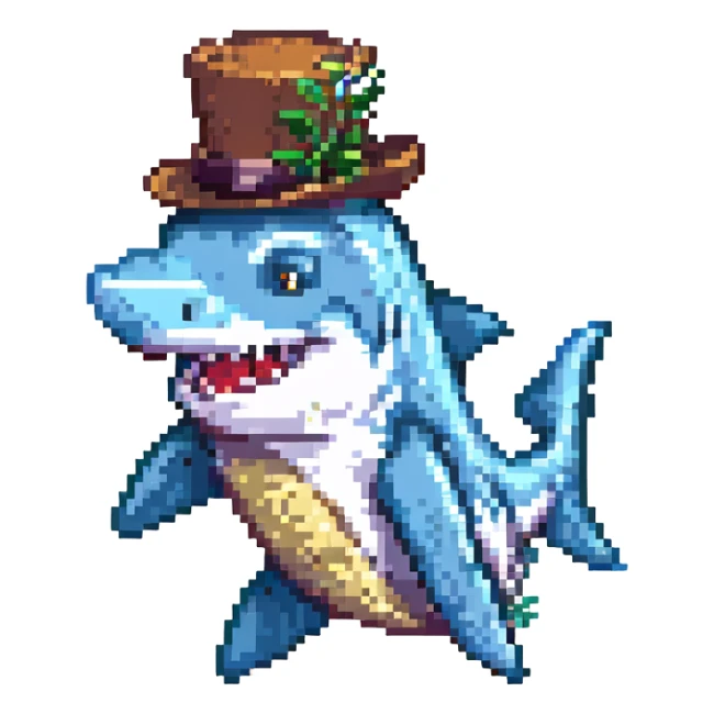 pixel art shark in a tophat, smiling sticker