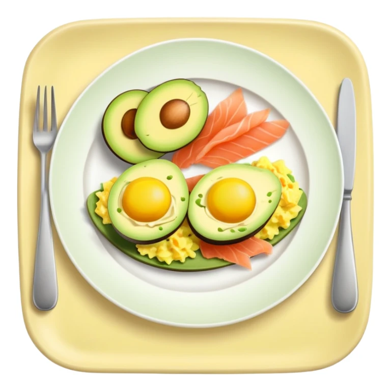plate with sliced avocado, scrambled-eggs and smoked salmon sticker