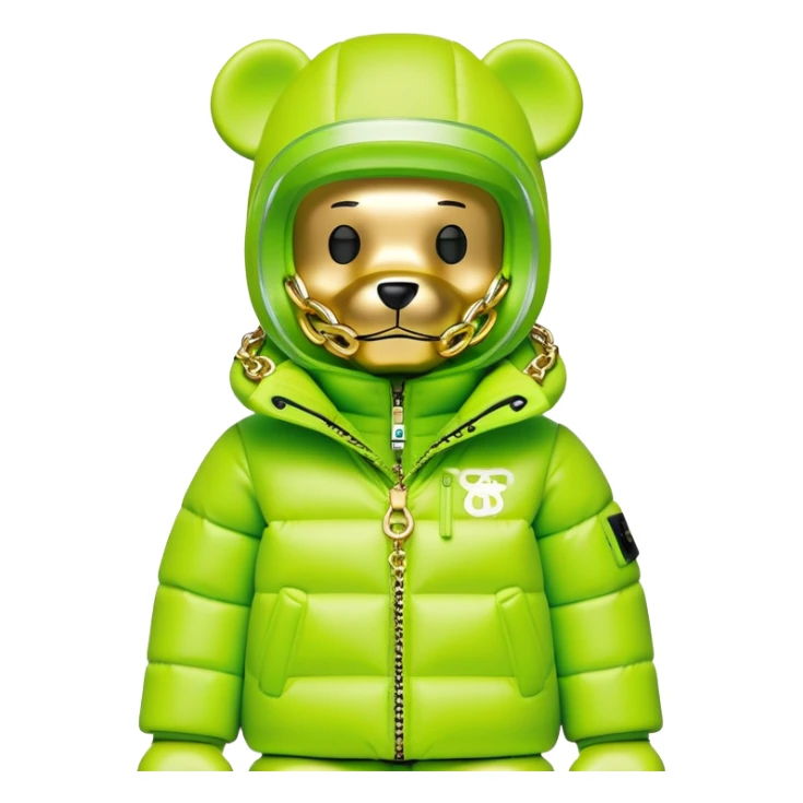 professionally designed bearbrick collectible with precise proportions, lime green balaclava with seamlessly integrated reflective visor lens, high-end branded puffer coat with rich fur collar and prominent designer logo, detailed gold chains, hypebeast aesthetic sticker