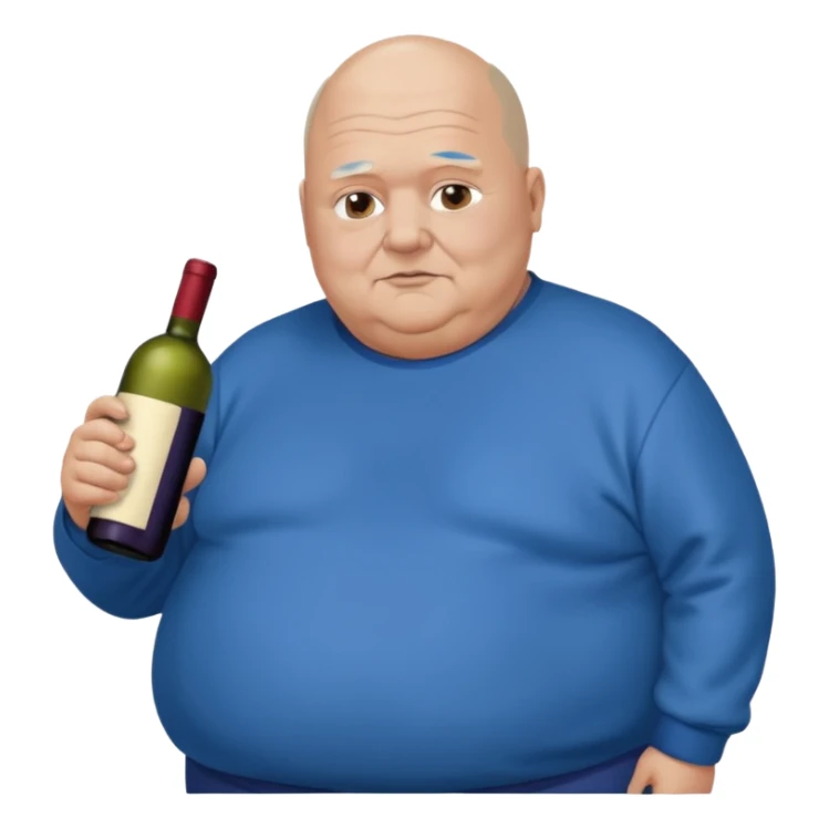 Morbidly obese older man dark hair starting to bald with blue sweatshirt holding bottle of wine sticker