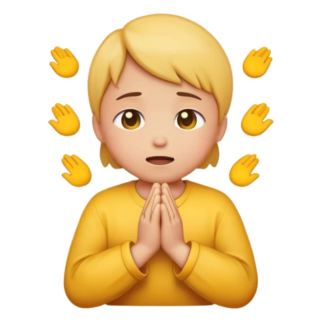 Yellow round emoji looking upwards with teary eyes and hands clasped praying sticker