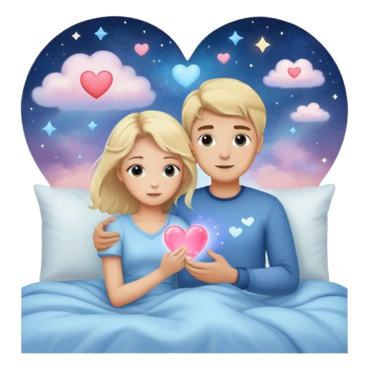 Sweet dreams a blonde man in a very  comfy bed with blue and Pastel clouds and an delicate  galaxy with a girl sending a heart elegant  sticker