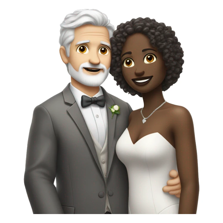 A pale white man with grey hair and with a goatee has just married, with a black woman with shoulder length curly 
brown hair and a brown complexion. They have a lot of money. they are hugged sticker