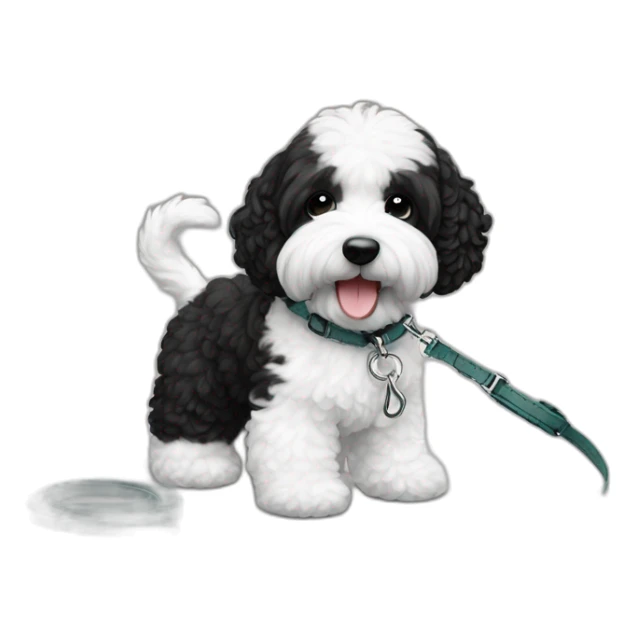 mini black and white ausssiedoodle on a leash sticker