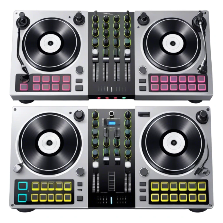 Create a professional and technical emoji that represents remixing music. The design should feature a high-end DJ controller, turntables with vinyl records, and a sound mixing console with faders to symbolize the technical aspects of remixing. Include elements like studio headphones and a laptop or digital audio workstation (DAW) screen to reflect the tools used in music production. Use colors like black, silver, and neon accents to convey the professional, high-tech nature of remixing. The background should be transparent. sticker
