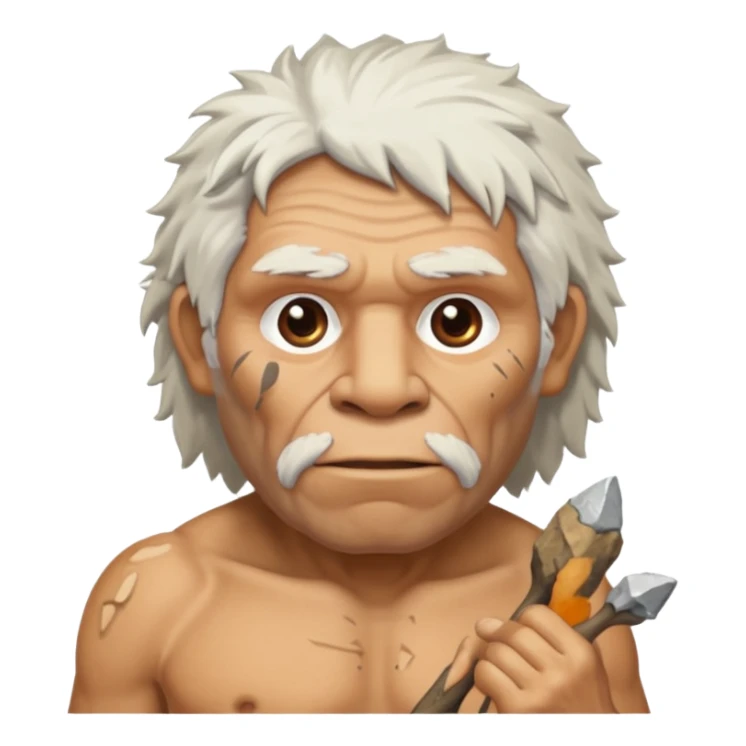 cartoon old Neanderthal with messy white hair and stone tool sticker
