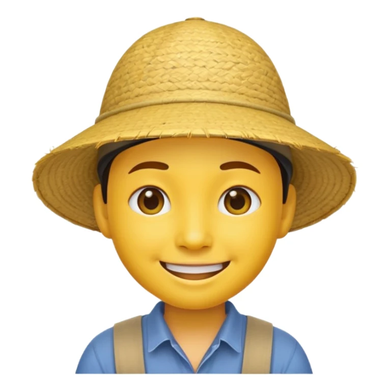 Yellow emoji smiley face with stereotypical Chinese facial features and rice farmer hat sticker