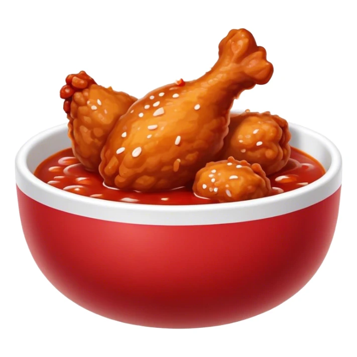 Korean Fried Chicken Cinematic Realistic Korean Fried Chicken Dish Emoji, depicted as bite-sized chicken chunks generously coated in a glossy, spicy sauce, in a bowl. sticker