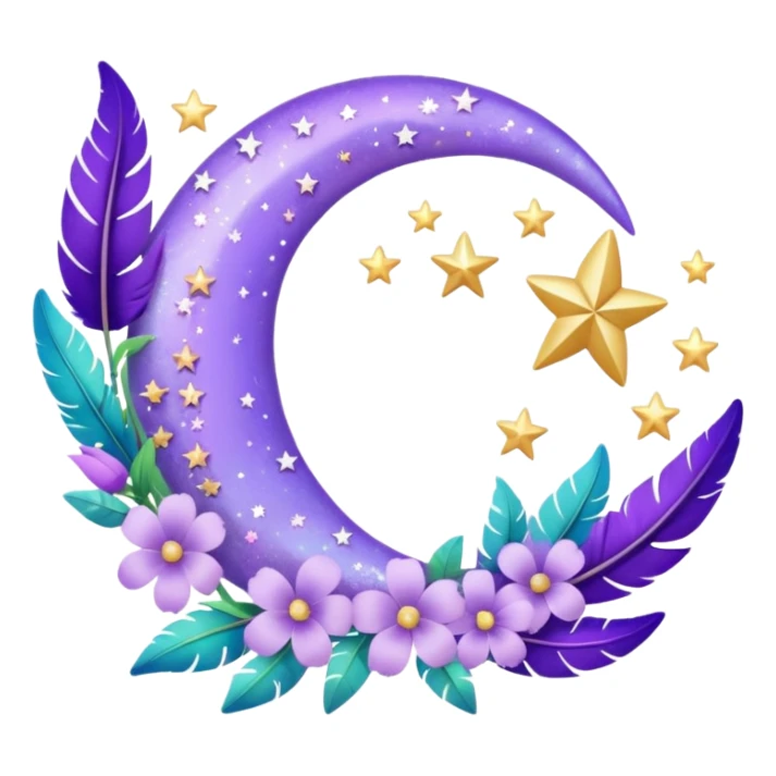 Beautiful poetic ethereal romantic aesthetic sparkly glittery shiny pretty floating pastel lilac lavender Violet crescent-moon and flowers and leaves and feathers and sparkles and stars aesthetic deco sticker