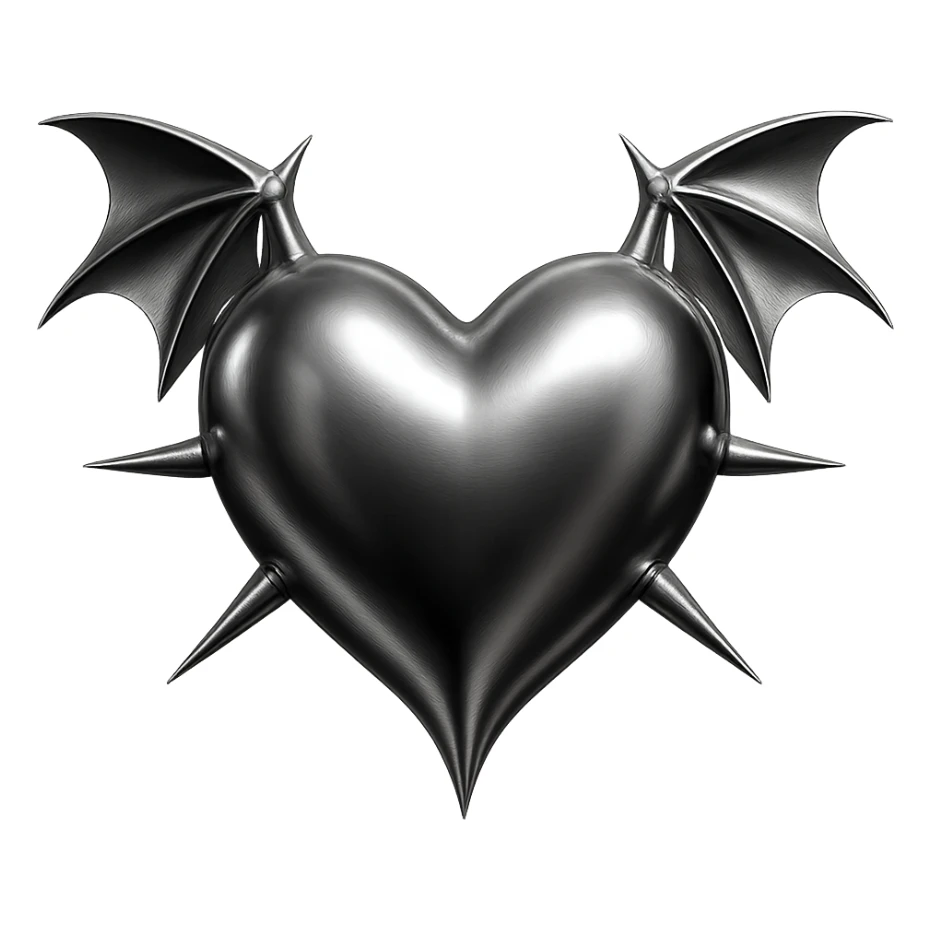 black gothic heart with metallic spikes and gothic bat wings, ornate, dark, elegant sticker