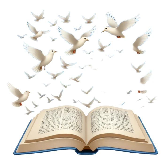 Icon for Poetry Reading: an open book with verses on the pages, from which fly pages transforming into a large flock of small white birds soaring into the blue sky. The icon should evoke the freedom and beauty of poetry. Transparent background. sticker