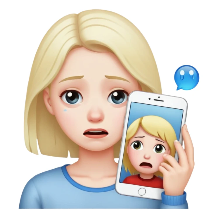 Girl crying looking at a picture of a boy sticker