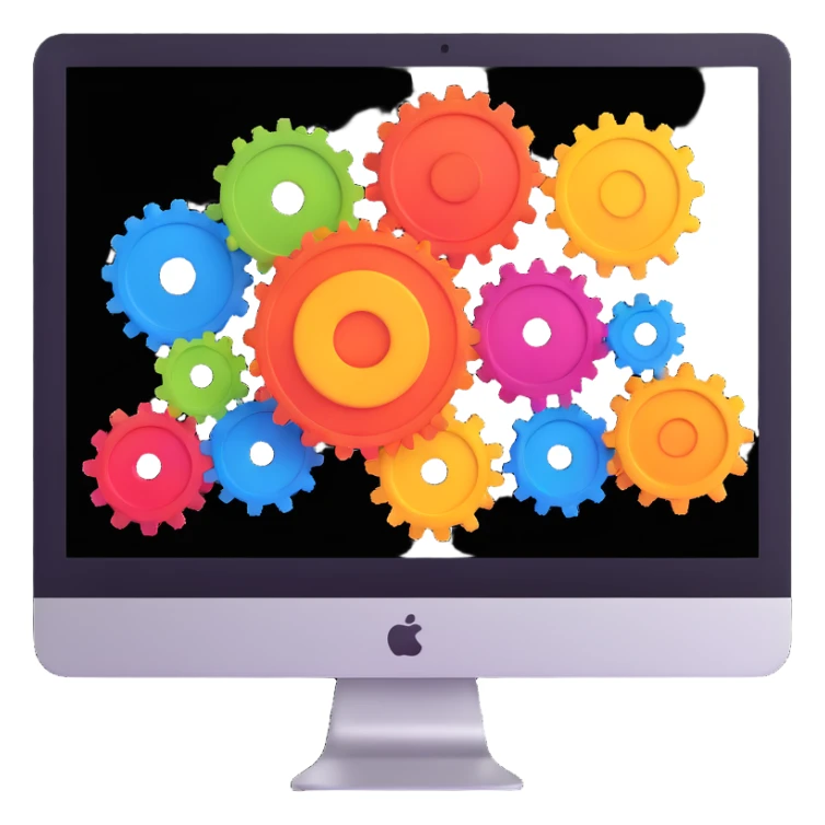 iMac computer with colorful gears on the screen sticker