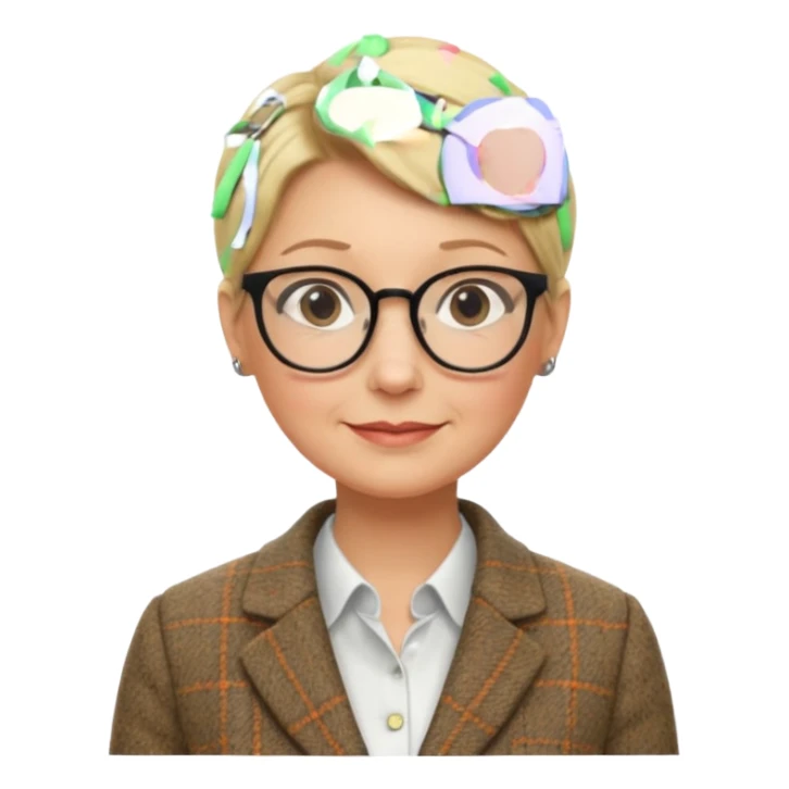 older teacher with blonde bun and glasses sticker
