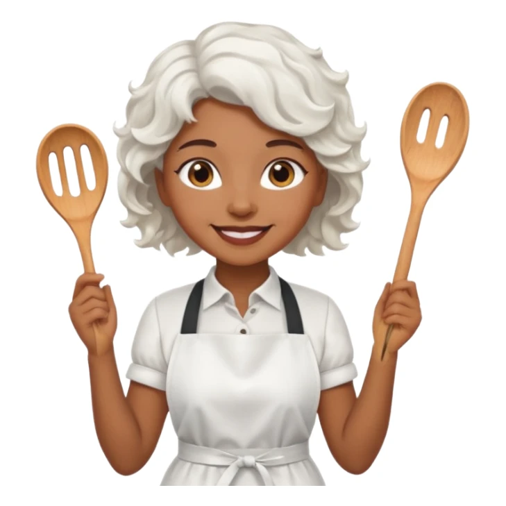 woman, brown skin, white short wavy hair, with apron sticker