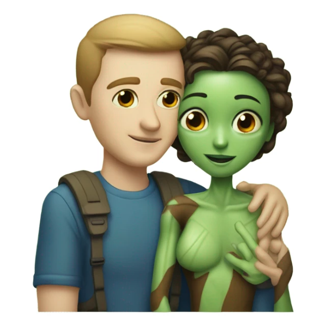 alien woman hugs white man sticker