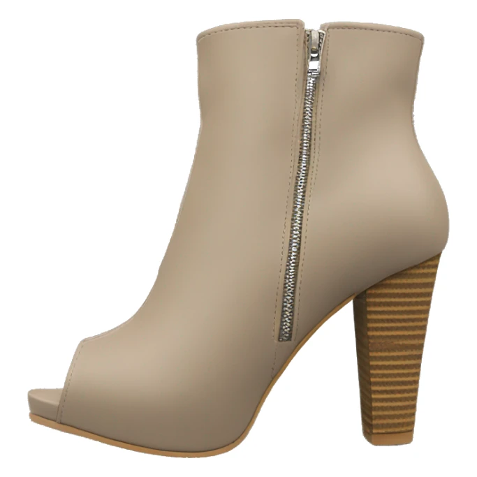 Realistic pair of taupe peep toe zip up bootie boots front facing. sticker