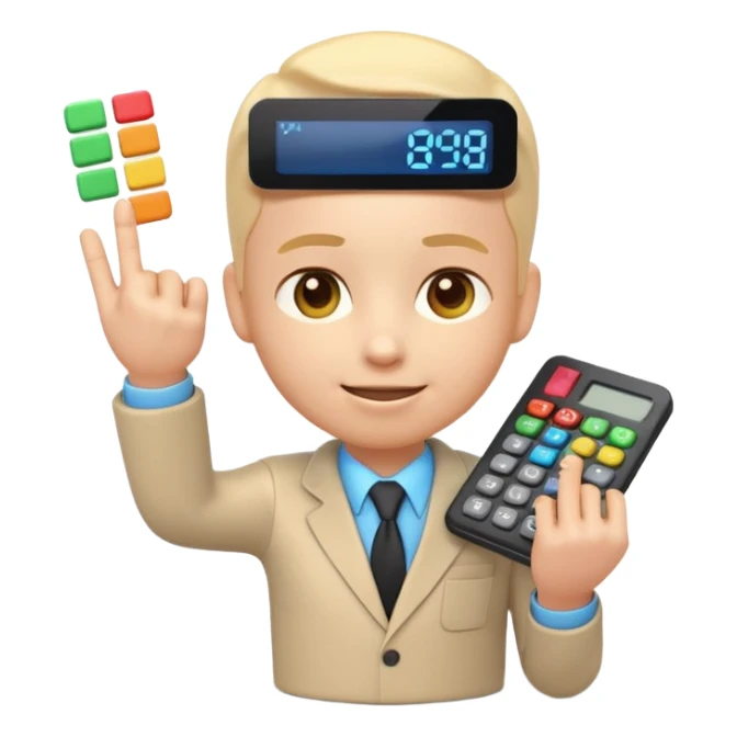3D iPhone style emoji of a person using a calculator, finger pressing colorful buttons, digital display showing numbers, isolated on white background, soft shadows, high detail, playful and cute. sticker
