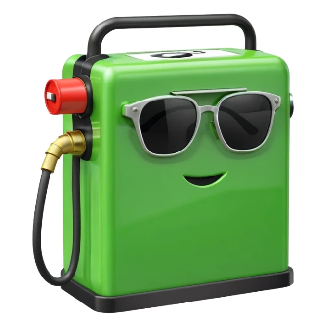 A 3D render of a green rectangular fuel pump as an inanimate object, with black sunglasses placed on its upper front panel. No face, no eyes, no character features, no anthropomorphism. Industrial product style. Clean lighting. Isolated on transparent background. sticker